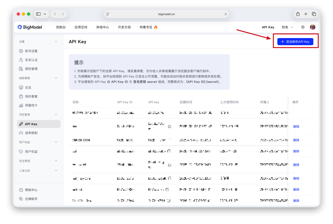 智谱大模型控制台的 API Key 界面