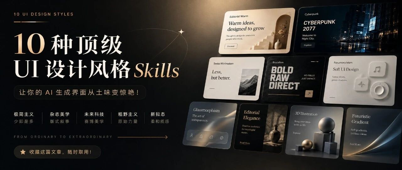 10 种顶级 UI 设计风格 Skills，让你的 AI 生成界面从土味变惊艳！