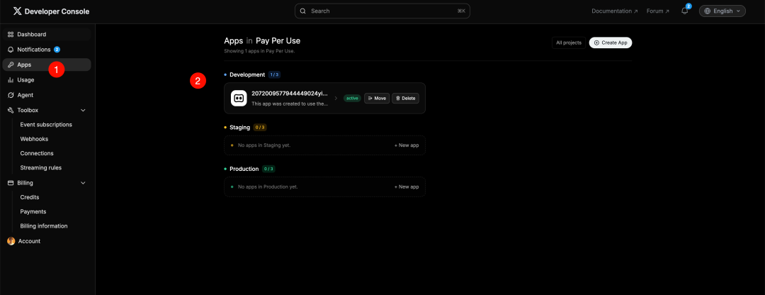 X Developer Console 的 Apps 列表页