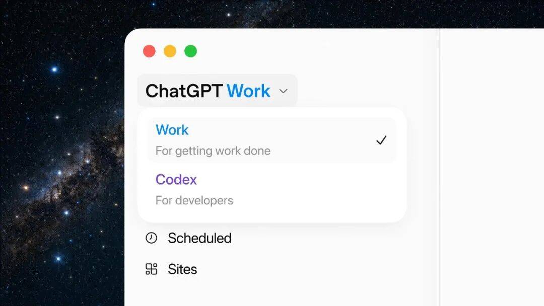 OpenAI 官方发布页中的 ChatGPT Work 桌面端界面
