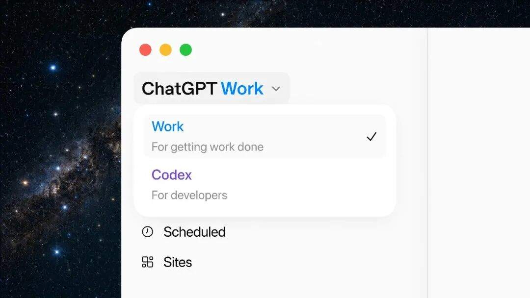OpenAI 官方发布页中的 ChatGPT Work 桌面端界面
