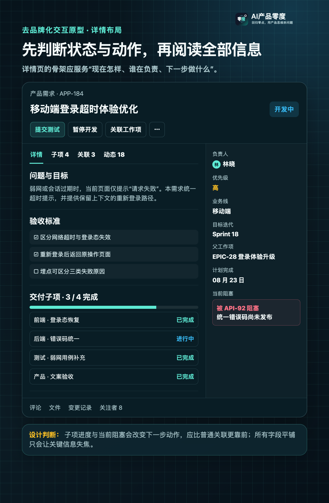 去品牌化的工作项详情抽屉原型:先判断状态与动作,再阅读属性和关系