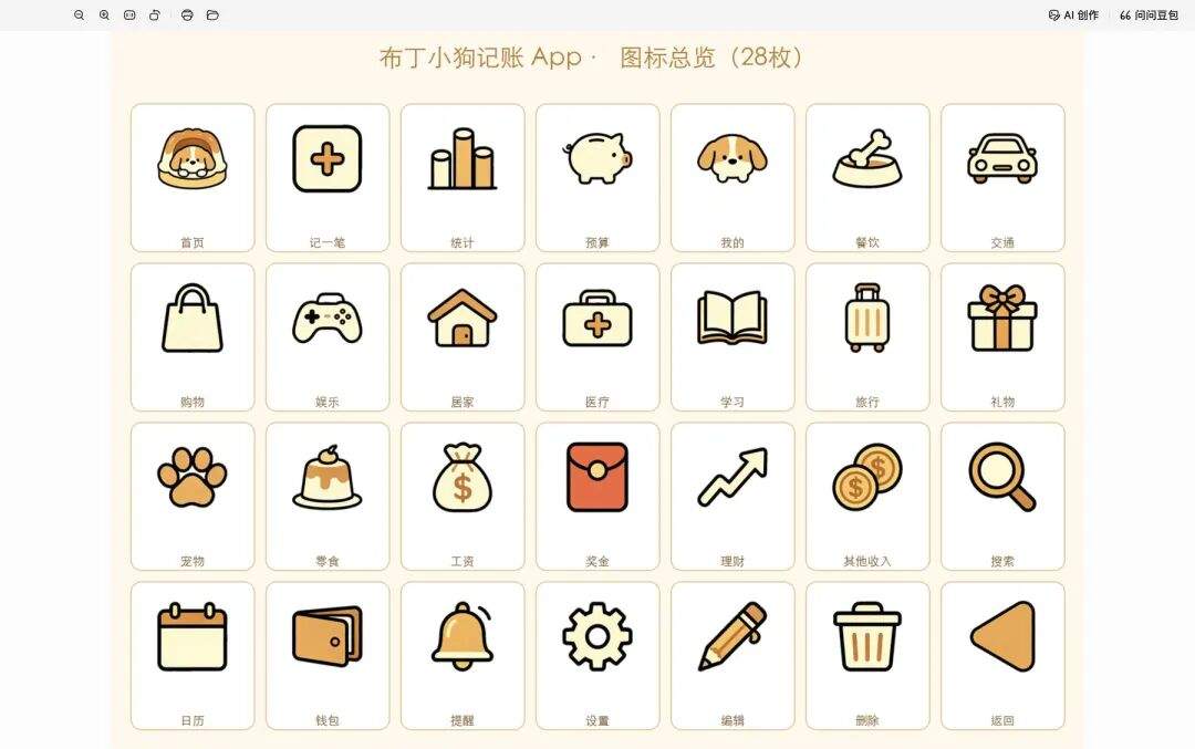 「布丁小狗记账App」的图标总览,28枚