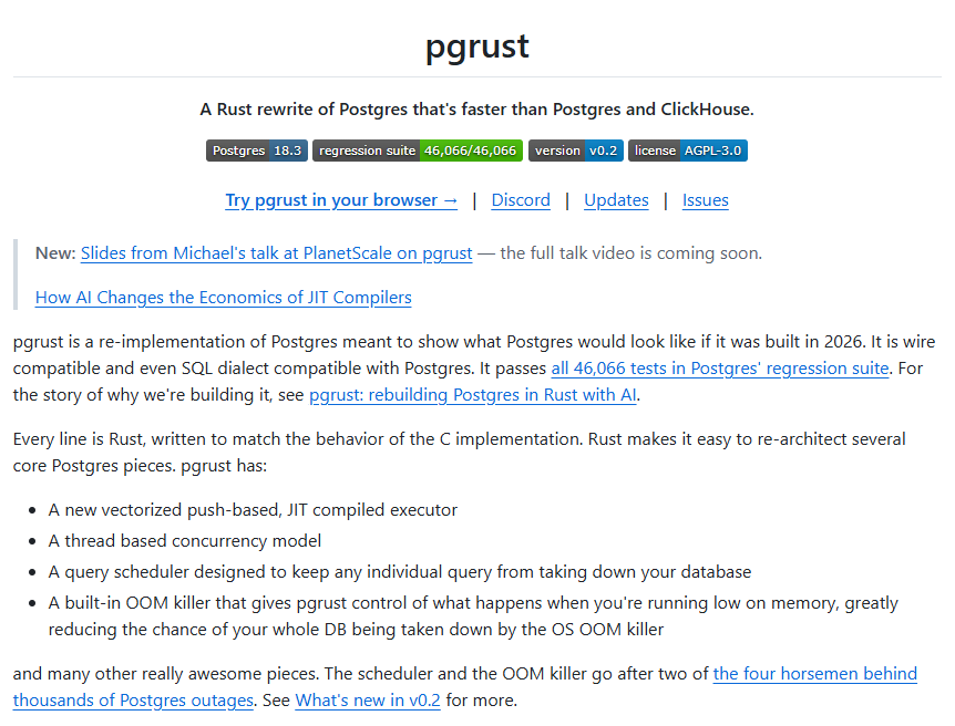 pgrust：用 Rust 重写 Postgres，46k 回归测试全过，但别急着上生产
