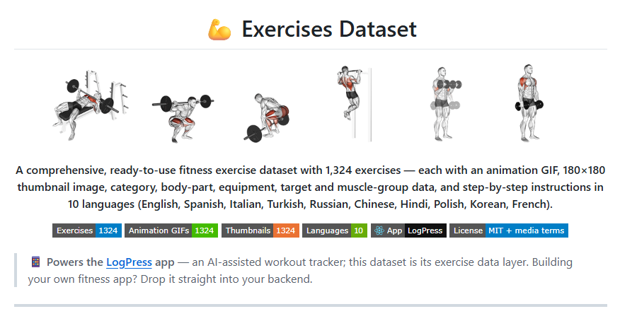 exercises-dataset：1324 个动作加一个浏览器脚手架，把健身 App 后端砍到几十分钟