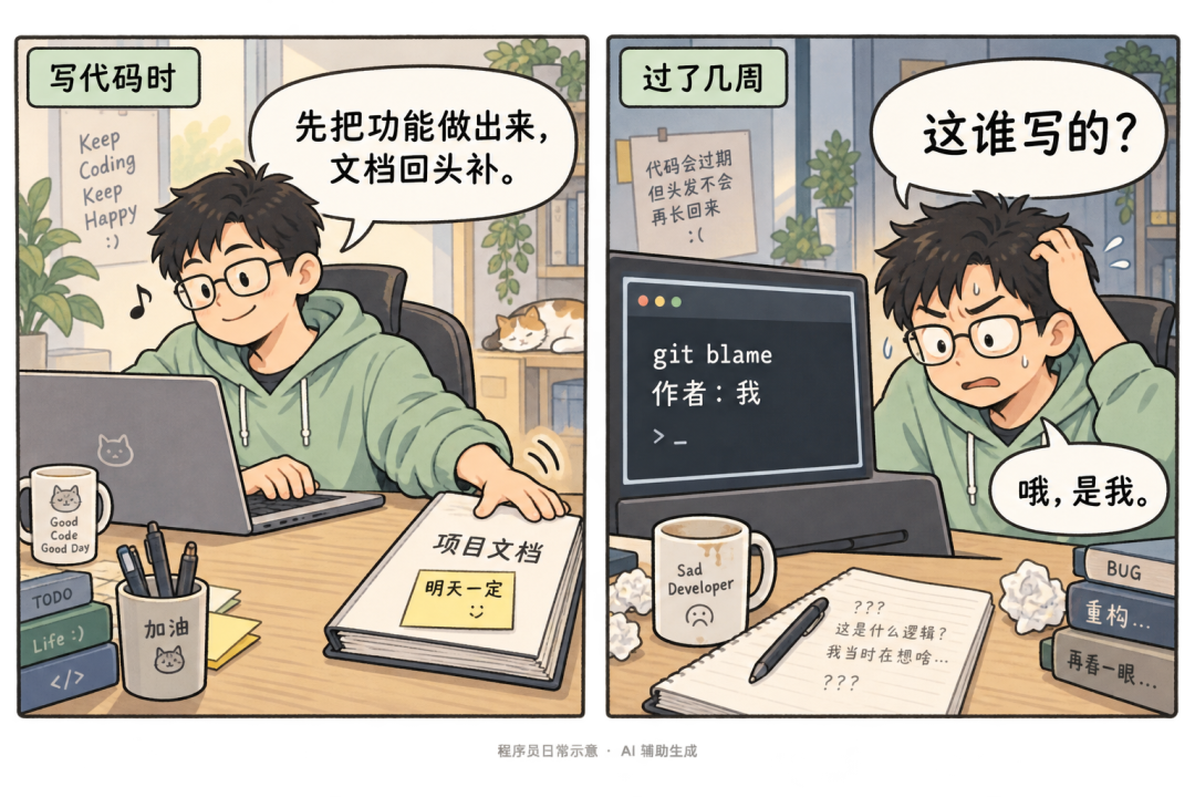 程序员拖延写文档的双格漫画:写代码时说文档回头补,几周后看不懂代码,git blame 一查发现作者是自己
