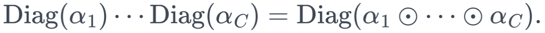 \operatorname{Diag}(\alpha_1)\cdots\operatorname{Diag}(\alpha_C) =\operatorname{Diag}(\alpha_1\odot\cdots\odot\alpha_C).