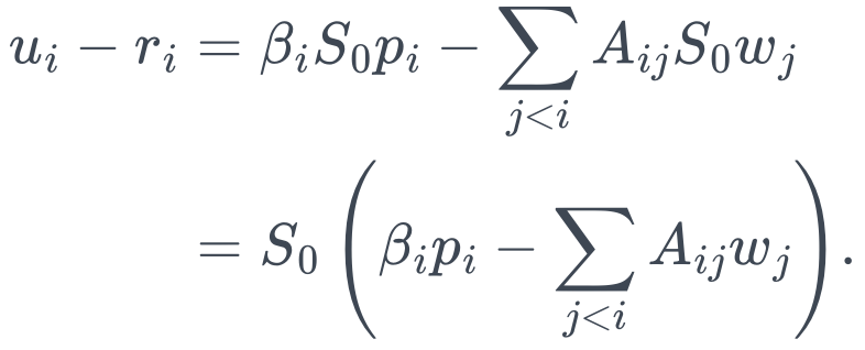 \begin{aligned} u_i-r_i &=\beta_iS_0p_i-\sum_{j<i}A_{ij}S_0w_j\\ &=S_0\left(\beta_i p_i-\sum_{j<i}A_{ij}w_j\right). \end{aligned}