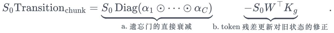 \begin{aligned} S_0\mathrm{Transition}_{\mathrm{chunk}} &=\underbrace{S_0\operatorname{Diag}(\alpha_1\odot\cdots\odot\alpha_C)}_{\text{a. 遗忘门的直接衰减}} \underbrace{-S_0W^\top K_g}_{\text{b. token 残差更新对旧状态的修正}}. \end{aligned}