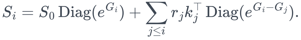 S_i=S_0\operatorname{Diag}(e^{G_i})+\sum_{j\le i}r_jk_j^\top\operatorname{Diag}(e^{G_i-G_j}).