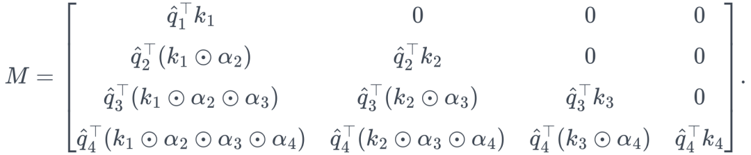 M= \begin{bmatrix} \hat q_1^\top k_1&0&0&0\\[2pt] \hat q_2^\top(k_1\odot\alpha_2)&\hat q_2^\top k_2&0&0\\[2pt] \hat q_3^\top(k_1\odot\alpha_2\odot\alpha_3)&\hat q_3^\top(k_2\odot\alpha_3)&\hat q_3^\top k_3&0\\[2pt] \hat q_4^\top(k_1\odot\alpha_2\odot\alpha_3\odot\alpha_4)&\hat q_4^\top(k_2\odot\alpha_3\odot\alpha_4)&\hat q_4^\top(k_3\odot\alpha_4)&\hat q_4^\top k_4 \end{bmatrix}.