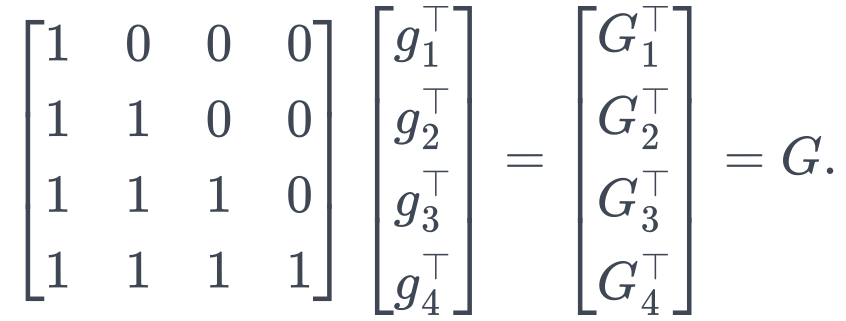 \begin{bmatrix} 1&0&0&0\\ 1&1&0&0\\ 1&1&1&0\\ 1&1&1&1 \end{bmatrix} \begin{bmatrix} g_1^\top\\g_2^\top\\g_3^\top\\g_4^\top \end{bmatrix} = \begin{bmatrix} G_1^\top\\G_2^\top\\G_3^\top\\G_4^\top \end{bmatrix} =G.