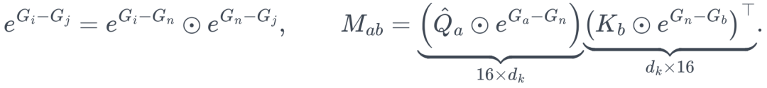e^{G_i-G_j}=e^{G_i-G_n}\odot e^{G_n-G_j}, \qquad M_{ab}=\underbrace{\left(\hat Q_a\odot e^{G_a-G_n}\right)}_{16\times d_k} \underbrace{\left(K_b\odot e^{G_n-G_b}\right)^\top}_{d_k\times16}.