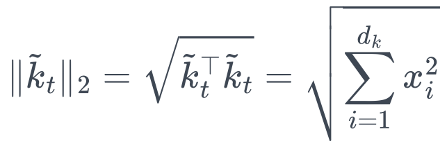 \Vert{}\tilde{k}_t\Vert{}_2 = \sqrt{\tilde{k}_t^\top \tilde{k}_t} = \sqrt{\sum_{i=1}^{d_k} x_i^2}