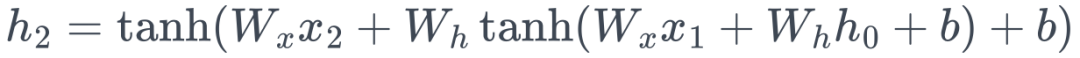 h_2=\tanh\!\left(W_xx_2+W_h\tanh(W_xx_1+W_hh_0+b)+b\right)