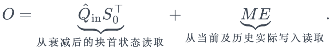 O=\underbrace{\hat Q_{\mathrm{in}}S_0^\top}_{\text{从衰减后的块首状态读取}} +\underbrace{ME}_{\text{从当前及历史实际写入读取}}.