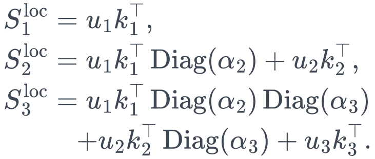 \begin{aligned} S_1^{\mathrm{loc}}&=u_1k_1^\top,\\ S_2^{\mathrm{loc}}&=u_1k_1^\top\operatorname{Diag}(\alpha_2)+u_2k_2^\top,\\ S_3^{\mathrm{loc}}&=u_1k_1^\top\operatorname{Diag}(\alpha_2)\operatorname{Diag}(\alpha_3)\\ &\quad+u_2k_2^\top\operatorname{Diag}(\alpha_3)+u_3k_3^\top. \end{aligned}