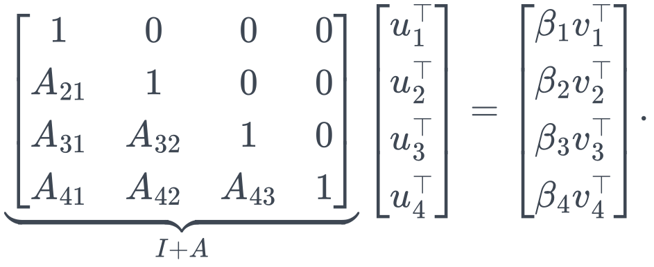 \underbrace{\begin{bmatrix} 1&0&0&0\\ A_{21}&1&0&0\\ A_{31}&A_{32}&1&0\\ A_{41}&A_{42}&A_{43}&1 \end{bmatrix}}_{I+A} \begin{bmatrix}u_1^\top\\u_2^\top\\u_3^\top\\u_4^\top\end{bmatrix} =\begin{bmatrix}\beta_1v_1^\top\\\beta_2v_2^\top\\\beta_3v_3^\top\\\beta_4v_4^\top\end{bmatrix}.